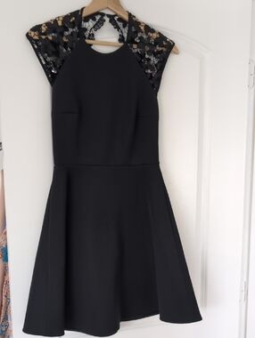 Maje Rodney Black Open Back Lace Yoke Fit & Flare Dress